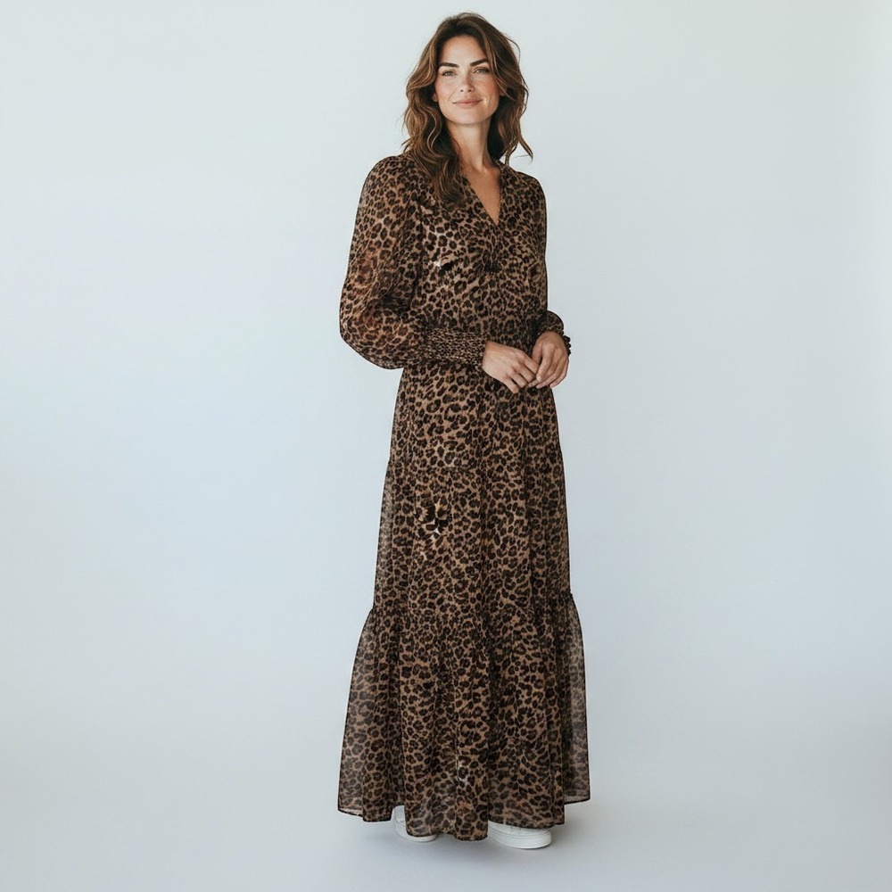 Boston Proper Leopard Print Maxi Dress XS Smocked Waist Tiered Chiffon 2BF5590